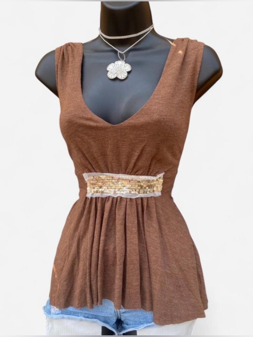Y2k Eyeshadow Brown Fairy Core Flowy Tank Top with Gold Sequins